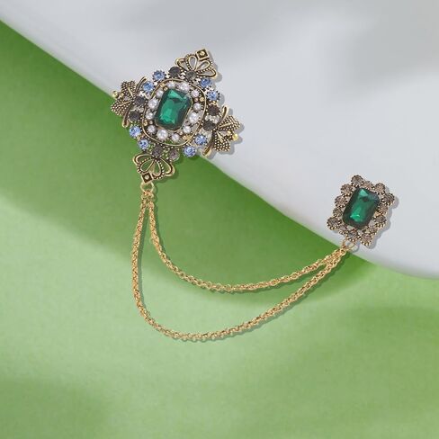 Retro Crystal Flower Geometry Lapel Pin for Men Rhinestone With Hanging Chain Brooch for Men Suit Fashion Gold Collar Pins for Men Women Gifts in Kuwait