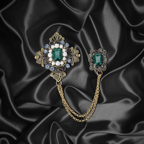 Retro Crystal Flower Geometry Lapel Pin for Men Rhinestone With Hanging Chain Brooch for Men Suit Fashion Gold Collar Pins for Men Women Gifts in Kuwait