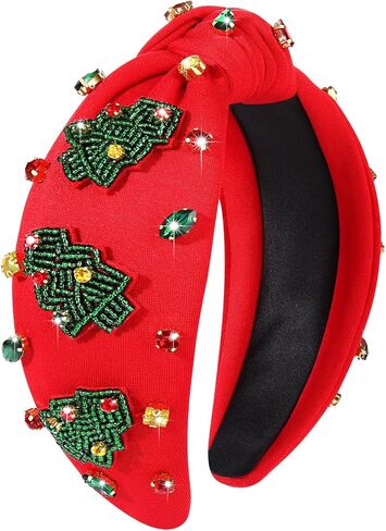 Christmas Headband for Women Holiday Christmas Accessories Beaded Xmas Bow Tree Snowflake HOHOHO Knotted Headband Red Green Crystal Pearl Top Knot Headband Festive Holiday Gifts (Xmas Tree 1) in Kuwait
