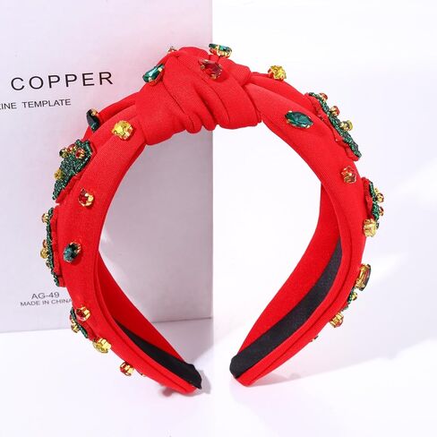 Christmas Headband for Women Holiday Christmas Accessories Beaded Xmas Bow Tree Snowflake HOHOHO Knotted Headband Red Green Crystal Pearl Top Knot Headband Festive Holiday Gifts (Xmas Tree 1) in Kuwait