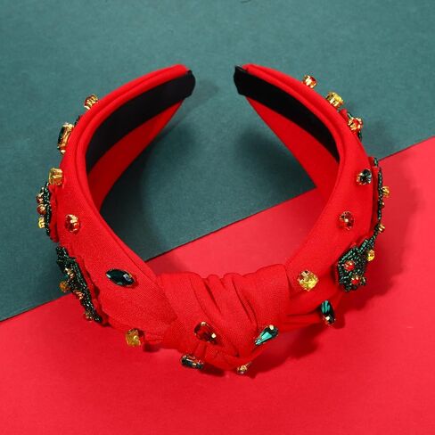 Christmas Headband for Women Holiday Christmas Accessories Beaded Xmas Bow Tree Snowflake HOHOHO Knotted Headband Red Green Crystal Pearl Top Knot Headband Festive Holiday Gifts (Xmas Tree 1) in Kuwait