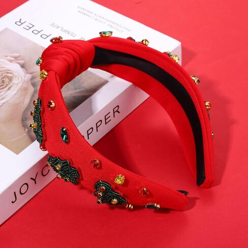 Christmas Headband for Women Holiday Christmas Accessories Beaded Xmas Bow Tree Snowflake HOHOHO Knotted Headband Red Green Crystal Pearl Top Knot Headband Festive Holiday Gifts (Xmas Tree 1) in Kuwait