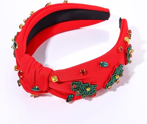 Christmas Headband for Women Holiday Christmas Accessories Beaded Xmas Bow Tree Snowflake HOHOHO Knotted Headband Red Green Crystal Pearl Top Knot Headband Festive Holiday Gifts (Xmas Tree 1) in Kuwait