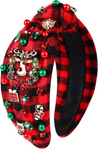 Christmas Headband for Women Holiday Christmas Accessories Beaded Xmas Bow Tree Snowflake HOHOHO Knotted Headband Red Green Crystal Pearl Top Knot Headband Festive Holiday Gifts (Xmas Tree 1) in Kuwait