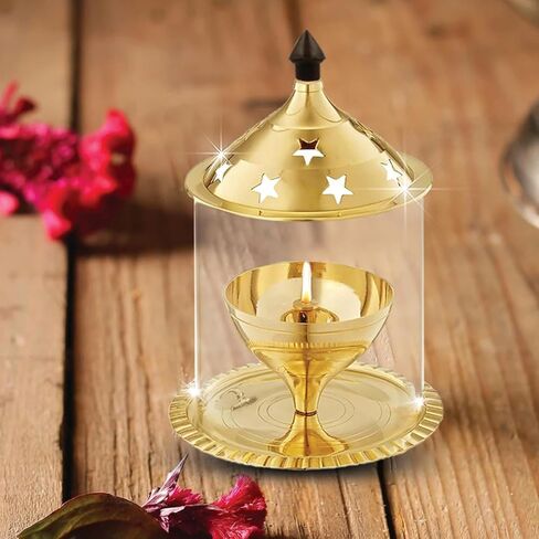 متجر تصدير نحاس ضياء زجاج البورسليكات | ضياء طاولة نحاسية | مصباح زيت نحاسي Akhand Diya مع غطاء زجاجي فانوس Diya لبوجا، ديكور المنزل وديوالي (ارتفاع 6.8 بوصة). in Saudi Arabia