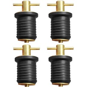 Brass Snap Handle Drain Plug Fit for 1 Inch Diameter Drains, T-Handle Drain Plug Twist and Seal Design, Marine Boat Accessories Drain Plug 4 Pack