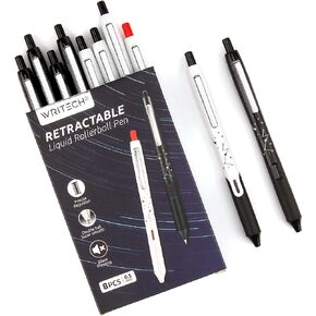 Writech Retractable Liquid Rollerball Pen: Click Silent Multicolor Rolling Ball Pens Black & Red Ink Color-Writing Journaling Notetaking Sketching 8ct Smooth 0.5mm Fine Point Tip No Bleed Smear Smudge