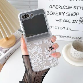 XIZYO for Samsung Galaxy Z Flip 5 Case, Floral for Z Flip 5 Case Cute Aesthetic Rose Clear Flower Case for Women Girls, Slim Pattern Anti-Yellow Shockproof Protective TPU Bumper Case, Black