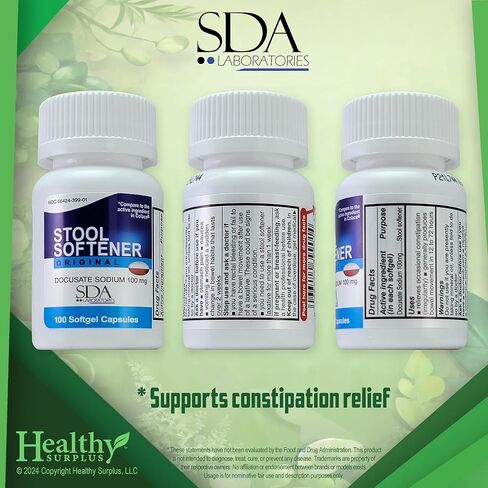 SDA Labs منعم البراز دوكوسات الصوديوم 100 مجم 100 كبسولة هلامية وأحجام حيوية بطاقة نصائح للإمساك | باقة in Kuwait