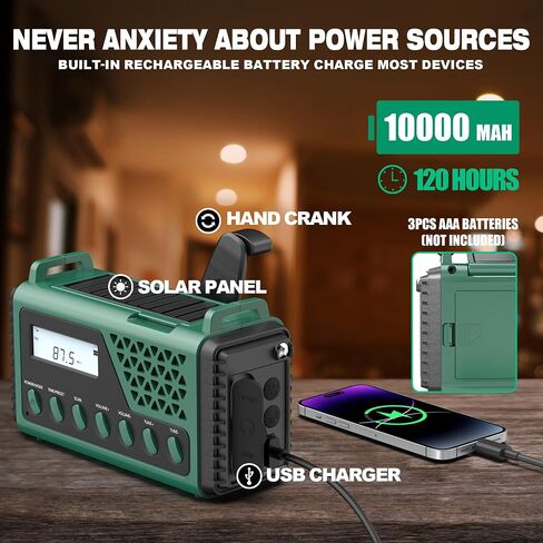 Emergency Weather Radio 10000mAh,Hand Crank Solar Radio, NOAA/AM/FM/SW Weather Alert Radio with Bluetooth,USB Charged, SOS Alarm,LED Torch Reading Light, Headphone Jack,for Indoor Camping Hurricane in Saudi Arabia