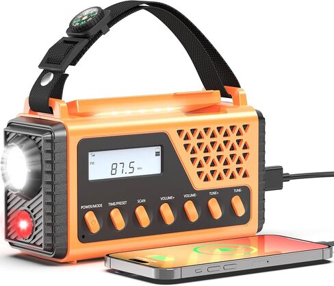راديو الطقس في حالات الطوارئ 10000 مللي أمبير في الساعة، راديو شمسي بذراع يدوي، NOAA/AM/FM/SW راديو تنبيه للطقس مع بلوتوث، شحن USB، إنذار SOS، ضوء قراءة شعلة LED، مقبس سماعة الرأس، للتخييم الداخلي in Kuwait