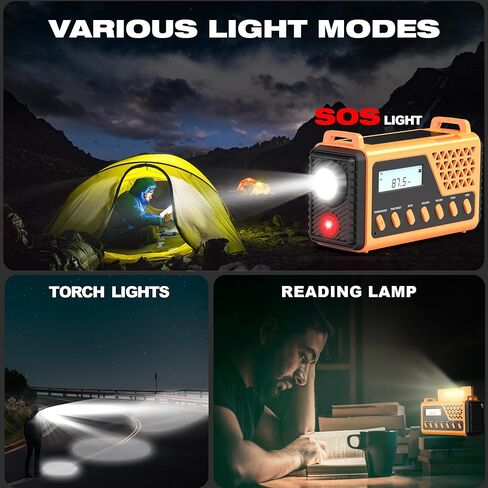راديو الطقس في حالات الطوارئ 10000 مللي أمبير في الساعة، راديو شمسي بذراع يدوي، NOAA/AM/FM/SW راديو تنبيه للطقس مع بلوتوث، شحن USB، إنذار SOS، ضوء قراءة شعلة LED، مقبس سماعة الرأس، للتخييم الداخلي in Kuwait