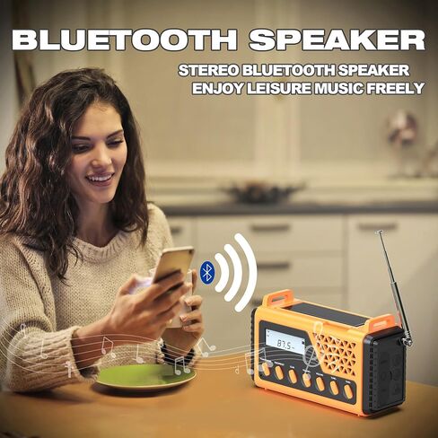 راديو الطقس في حالات الطوارئ 10000 مللي أمبير في الساعة، راديو شمسي بذراع يدوي، NOAA/AM/FM/SW راديو تنبيه للطقس مع بلوتوث، شحن USB، إنذار SOS، ضوء قراءة شعلة LED، مقبس سماعة الرأس، للتخييم الداخلي in Kuwait