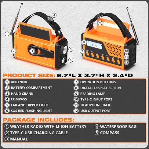 راديو الطقس في حالات الطوارئ 10000 مللي أمبير في الساعة، راديو شمسي بذراع يدوي، NOAA/AM/FM/SW راديو تنبيه للطقس مع بلوتوث، شحن USB، إنذار SOS، ضوء قراءة شعلة LED، مقبس سماعة الرأس، للتخييم الداخلي in Kuwait