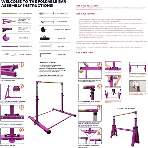 EL&IT·Wings Gymnastic Kip Bar,Horizontal Bar for Kids Girls Junior,3' to 5' Adjustable Height,Home Gym Equipment,Ideal for Indoor and Home Training,300lbs Weight Capacity in Kuwait