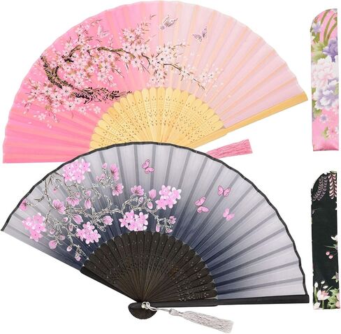 Zolee 2 Pieces Small Folding Hand Fans - Chinese Japanese Vintage Bamboo Silk Fans - for Dance, Performance, Decoration, Wedding, Party，Gift (0306) in Kuwait