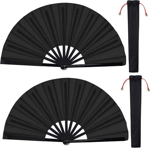2 Packs Large Folding Hand Fan Handheld Folding Fans Chinese Tai Chi Folding Fan Nylon Cloth Chinese Kung Fu Fan with Holder Sleeve for Men and Women Performance Dance Decorations Festival (Black) in Saudi Arabia