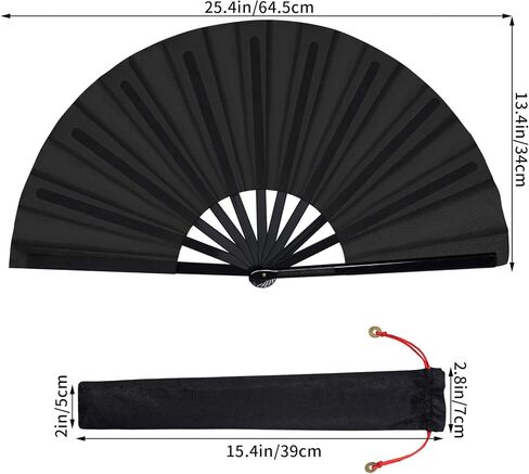 2 Packs Large Folding Hand Fan Handheld Folding Fans Chinese Tai Chi Folding Fan Nylon Cloth Chinese Kung Fu Fan with Holder Sleeve for Men and Women Performance Dance Decorations Festival (Black) in Saudi Arabia