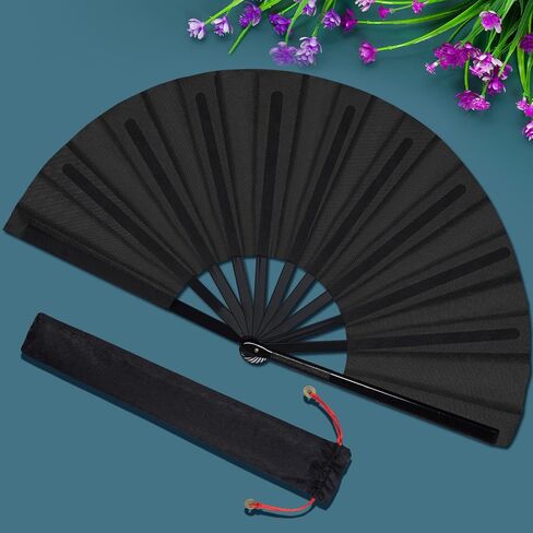 2 Packs Large Folding Hand Fan Handheld Folding Fans Chinese Tai Chi Folding Fan Nylon Cloth Chinese Kung Fu Fan with Holder Sleeve for Men and Women Performance Dance Decorations Festival (Black) in Saudi Arabia