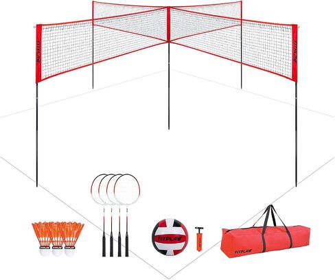 Four Square Volleyball/Badminton Net Set, Adjustable Height 4 Way Volleyball Net for Backyard, Easy Set Up Portable Volleyball Net Outdoor for 2,3,4 Players, Game Set for Teenagers and Adults in Saudi Arabia