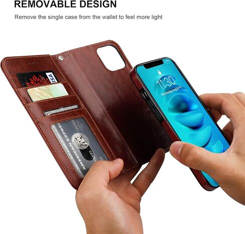 حافظة محفظة قابلة للفصل من Bocasal لهاتف iPhone 14 RFID مع حامل فتحات بطاقات من جلد البولي يوريثان الفاخر ومسند مغناطيسي مقاوم للصدمات وغطاء واقٍ قابل للإزالة 5G 6.1 بوصة (بني) in Kuwait