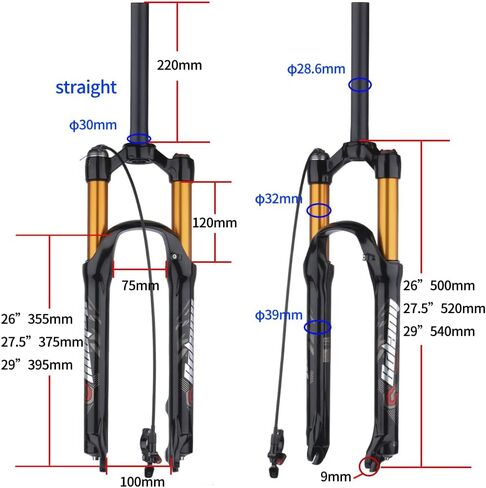 BOLANY 26/27.5/29 بوصة شوكة تعليق هوائية للدراجة 120 مم ارتداد السفر ضبط 1/8 أنبوب مستقيم/مدبب دليل/قفل عن بعد شوكة دراجة QR 9 مم شوكة أمامية MTB in Kuwait
