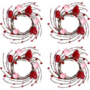 4 Pcs Valentine Candle Rings Wreaths, 9.5" Wide Red Pink Heart and Berry Valentine Candle Wreath Garland, Artificial Candle Holder Rings for Valentine's Day Wedding Windows Table Centerpieces