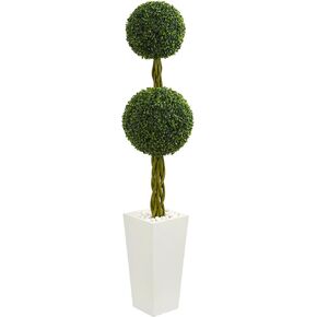 Nearly Natural, 5' Double Ball Boxwood Topiary in White Tower Planter, Green