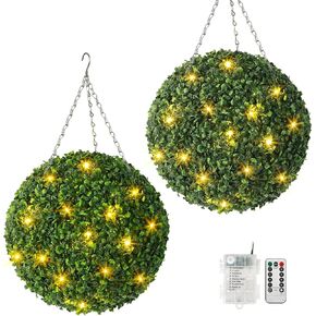 20" Artificial Plant Topiary Ball, Pre-Lit Artificial Topiary Plant With 8 Mode, 40 LED Lights, Battery Operated,and Remote Control, Light Plant Ball for Backyard, Wedding and Home DéCor (2-Pack)
