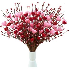 zjlmit Valentine's Day Picks, 12 Pieces Artificial Pink Heart Shaped Berry Branches, 17.7 Inch Valentine's Day Heart Picks for Valentine's Day Party, Wedding, Anniversary Table Decoration