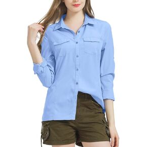 Women UPF 50+ Sun Protection Safari Shirts Quick Dry Lightweight Outdoor Fishing Hiking Travel Shirts with Zipper Pockets