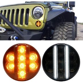 for JK Front Turn Signal LED Lights Running Lamps Compatible with Wrangler JK JKU 2007-2018,White Vertical LED Bar as Daytime Running Lights,Amber Yellow LED as Turn Signal(Smoked Lens)