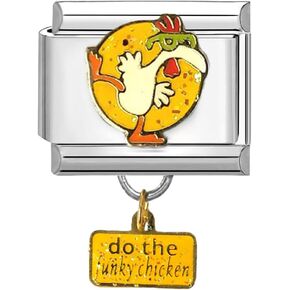 UNY JEWEL Funky Chicken Dance Italian Charm 9mm Stainless Steel Link - Enamel Groovy Poultry Design with Do the Funky Chicken Dangle Modular Charm Bracelet Link