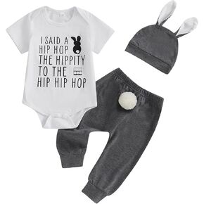 Karuedoo Newborn Baby Boy Easter Outfit Snuggle Bunny Romper Onesie Pompom Tail Long Pants with Hat 3Pcs Easter Clothes Set