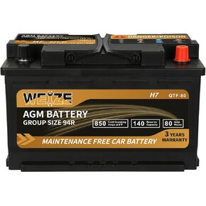 Weize Platinum AGM Battery BCI Group 94R - 12v 80ah H7 Size 94R Automotive Battery, 140RC, 850CCA, 36 Months Warranty