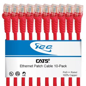 ICC CAT5e Ethernet Patch Cord 1 FT 10-Pack, UTP 24 AWG UL Listed, PoE++, 100% Stranded Copper Snagless Patch Cable for Patch Panel to Network Switch for Data Center, Office, and Home, 1 Feet White