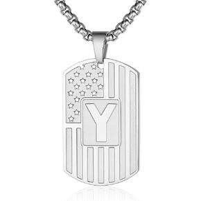 Initial A-Z Necklace for Men American Flag Dog Tag A-Z Pendant Stainless Steel Chain 22+2 Inches Personalized Patriotic Jewelry for Men