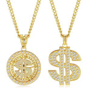 Tatuo 2 Pieces Plated Chain for Men with Dollar Sign Pendant Necklace, Hip Hop Dollar Necklace