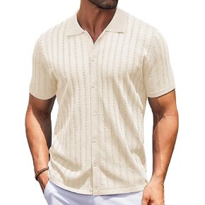 COOFANDY Men's Knit Shirts Short Sleeve Button Down Shirt Vintage Casual Summer Beach Shirts