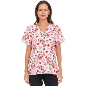 Strawberry Shortcake Women's All Over Print, V-Neck Scrub Top with Pockets - Comfortable Work Uniform