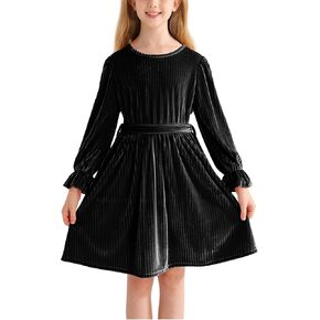 Patgoal Girls Velvet Dress Kids Long Sleeve Crew Neck Midi Fall Winter Vintage Festive Dress Teen Girl Christmas Party Dress