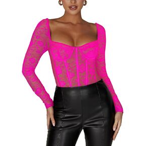 REORIA المرأة مثير الأزهار الدانتيل الحبيب الرقبة شبكة طويلة الأكمام العصرية الخروج التخسيس Y2K بوستير مشد ثونغ داخلية in Kuwait