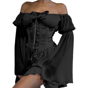 TSMNZMU Womens Two Piece Sets Corset Dress Off Shoulder Bell Sleeve Chiffon Dresses Lace-Up Mini Bustier Party Dress