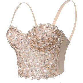 Women's Lace Rhinestone Bustier Crop Top Sexy Mesh Party Corset Top Bra