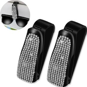2 Pack Bling Rhinestones Sunglass Holder for Car Sun Visor, Car Eyeglasses Sunglass Hanger Mount with Ticket Card Clip for Women Girls(White)
