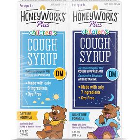 HoneyWorks Cough Syrup for Kids with Organic Honey, Day/Night Bundle, 4 Oz (Pack of 2) Cough suppressant for Kids with Dark Honey