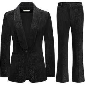 Lamgool Women Pantsuit Dressy Silver Thread Velvet 2 Piece Suit Set Blazer and Flared Pants