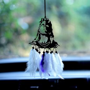 Mahadev Face Car Hanging Mirror Decor Ornament Accessories Good Luck Hand Made Dream Catcher Positive Vibes Balcony,Gift, car, Wind Chimes, Room Blue Color Feathers Dream Catcher