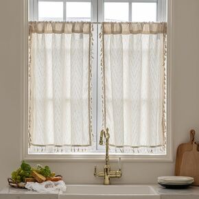 VOILYBIRD Kitchen Window Curtains Over Sink 36 Inch Length Boho Tassel Tiers Cafe Curtains Zigzag Design, 2 Panels, Sage Green
