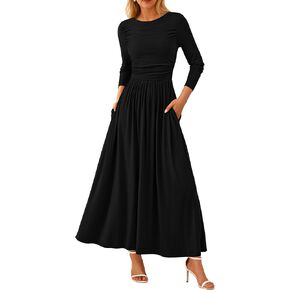 PRETTYGARDEN Women's Spring Casual Long Sleeve Maxi Dresses Crewneck Ruched A Line Flowy Elegant Modest Going Out Dress